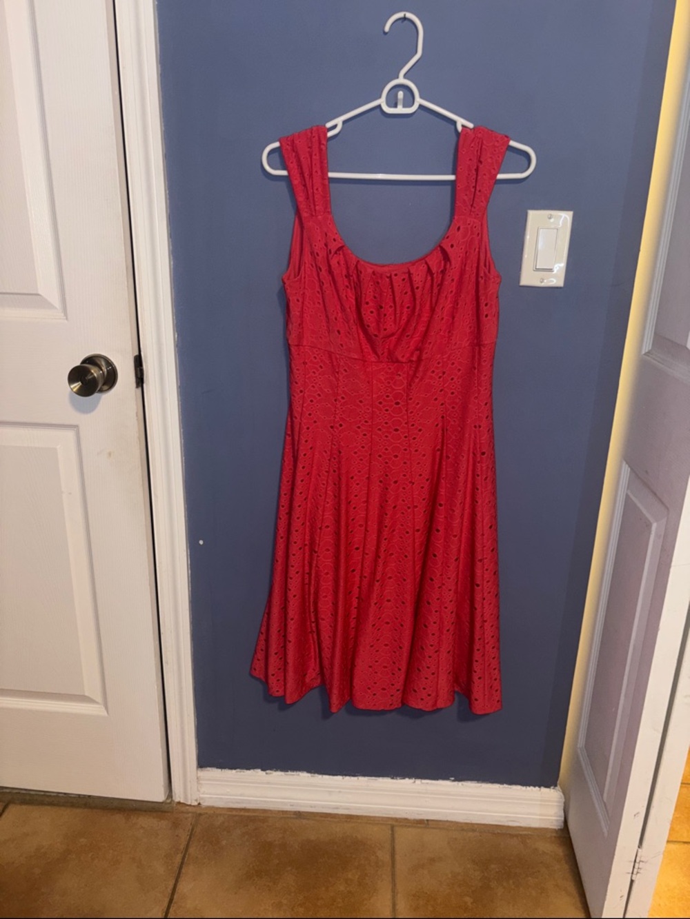 London Times Red Eyelet Sleeveless Fit & Flare Midi Dress - Picture 8 of 8